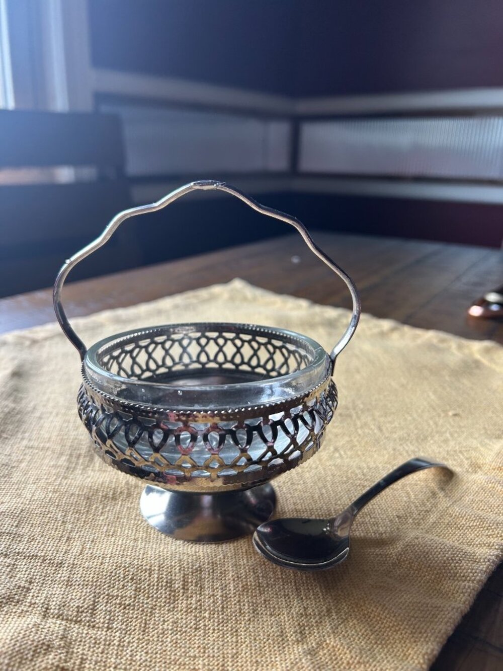 Vintage Silver Sugar Bowl with Spoon or Condiment dish w ornate metal basket - Picture 2 of 7